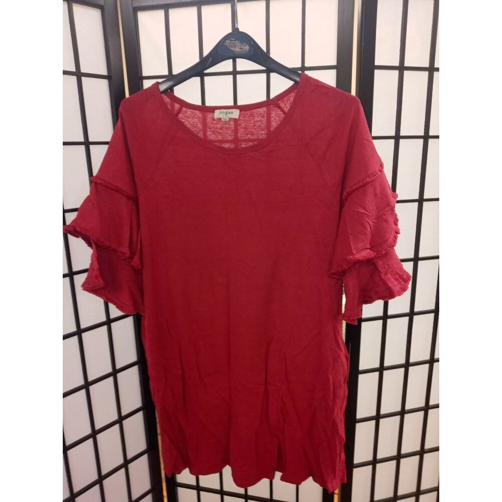 Umgee Tunic Top Red Size Large Tiered Short Sleeve Fringe Lagenlook Pullover